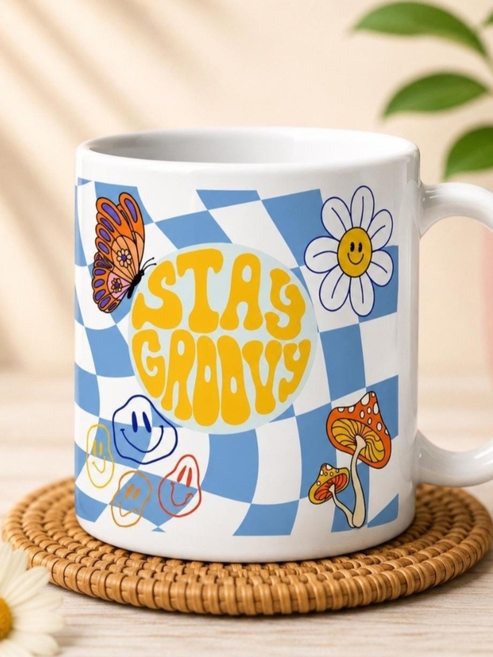 Stay Groovy Retro Ceramic Mug - Yellow & Blue